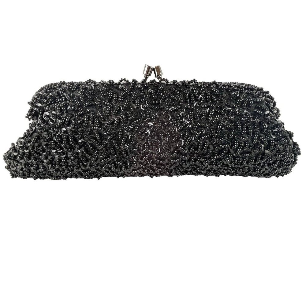 Old Money Boho Chic Ornate Black Beaded Opera Evening Bag Clutch 20" Chain VTG